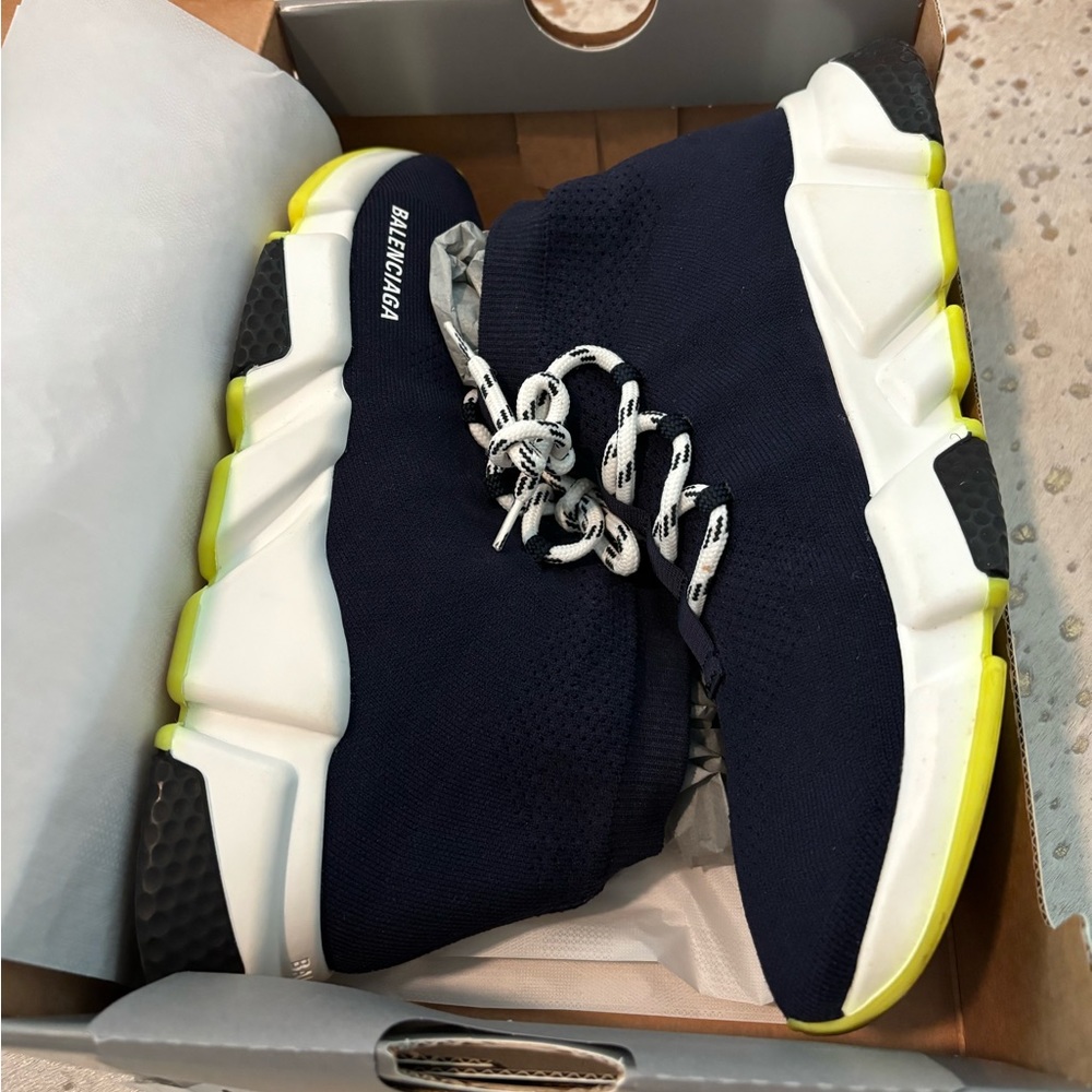 BALENCIAGA Speed Lace Up Knit Sock Marine Blue Logo High Top Trainers women’s 42